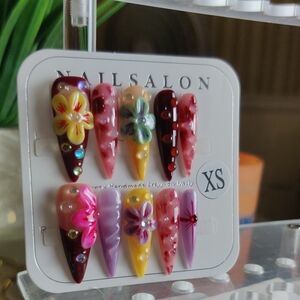 Handmade Kids 3D Floral Press-On Nail Set - Pink, Purple, Yellow, Burgundy